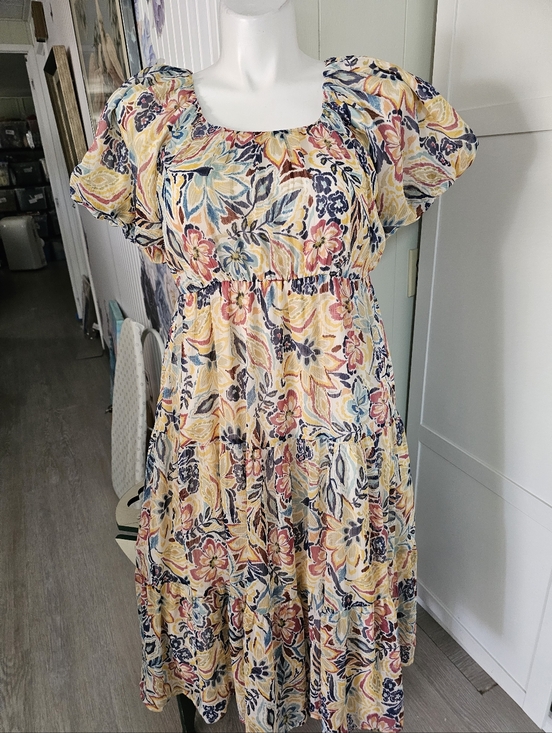 Patrons of Peace Dresses & Skirts - Anthro Patrons of Peace Floral Tiered Midi Dress Sz L (10-12) Boho Puff Sleeve